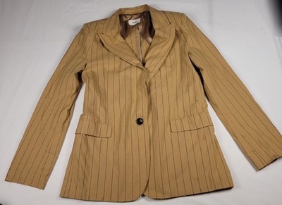 Vicolo Blazer Womens Medium Tan Pinstripe One Button Lined Cotton Made in Italy