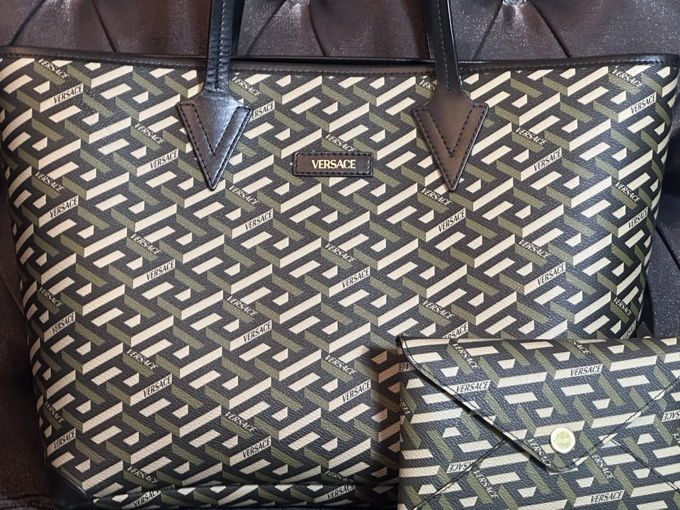 VERSACE Monogram Logo Leather Tote Bag Large w/ Pouch Black Brown Tan Designer - Image 2 of 4