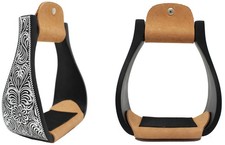 Challenger 4-7/8" Wide Western Black Engraved Aluminum Horse Bell Stirrups