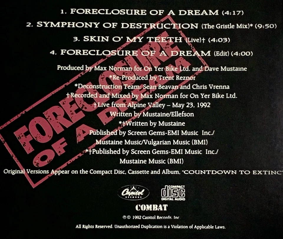 Megadeth Forclosure Of A Dream UK CD Single Nine Inch Nails Remix 1992 Capitol Foto 4 de 4