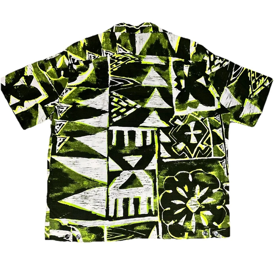 Camisa De Colección Años 60 70 Malihini Hawaii Aloha Tela de Corteza Tiki Tribal Verde Negra S/M Foto 2 de 4