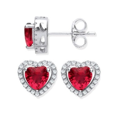 925 Sterling Silber Herz Halo Ohrstecker - Rubinrot.