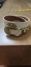 Vintage Made in USA White Leather Western Belt Brass Conchos Size 30...