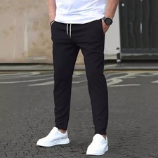 Men s Slim Fit Casual Pants Cropped Straight Leg Streetwear Solid Color Trousers