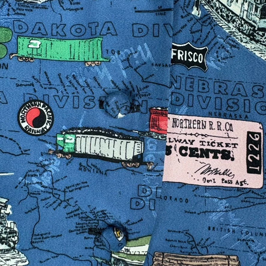 Colete de seda vintage anos 90 Nicole Miller XL trem viagem ferrovia novidade impressão década de 1990 - Imagem 4 de 4