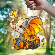 Sunflower Elephant Acrylic Suncatcher, Stained Glass Window Hanging Decor Gift