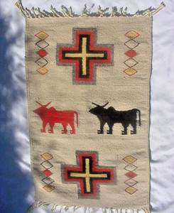 Navajo Navaho cross crosses cow bulls pictoral shaman prayer rug wall tapestry