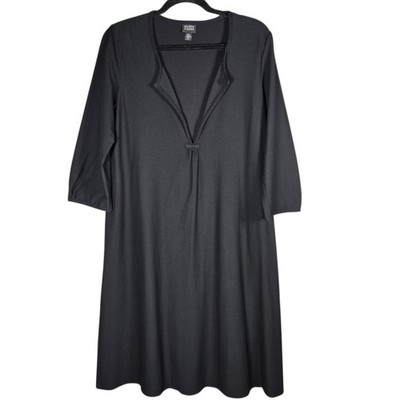 eileen fisher dress black Women's Split Neck Textured Stretch Cotton - grazing silhouette that flatters in all the right places Eileen Fisher Women's Curved V