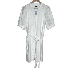 Ann Taylor Petite White Floral Embroidered Dress Belted Button Front Cotton LP