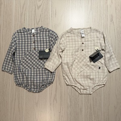 Modern Moments Gerber Romper Bundle Baby Boy 18M Gray Beige Plaid Long Sleeve 