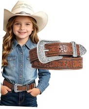 Girls Western Belt for Kids Vintage Embossed Cowgirl Fit Waist: 16"-20" Brown