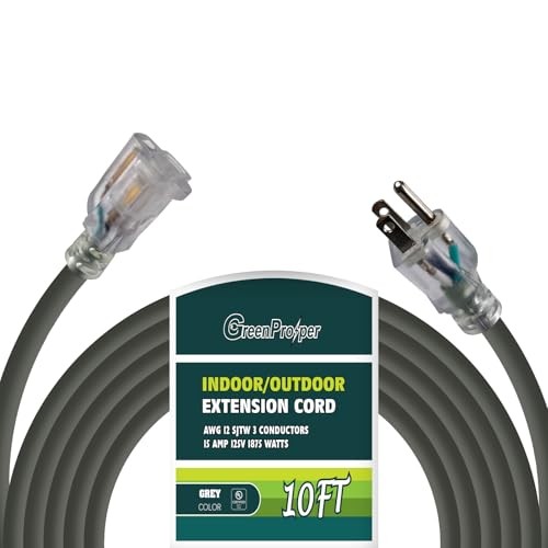 Extension Cord with Lighted End, 12 AWG 3 Prong Indoor Outdoor Heavy 10 FT Grey-image