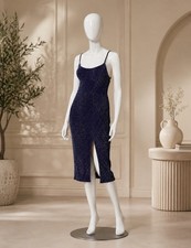Speechless Navy Glitter V-Neck Lace-Up Slip Dress Lined Side Slit Midi XS