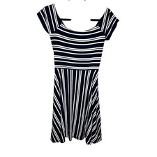 Loft Dress Women's Small Blue White Striped Mini Knit Square Neck Cut Out Back