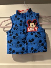Disney Kids Puffer Vest Size 18M Blue Black Mickey Mouse All Over Print Full Zip