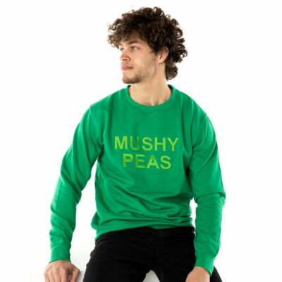 Mushy Peas Unisex Embroidered Sweater. British Foodie Fish Jumper Chips Novelty