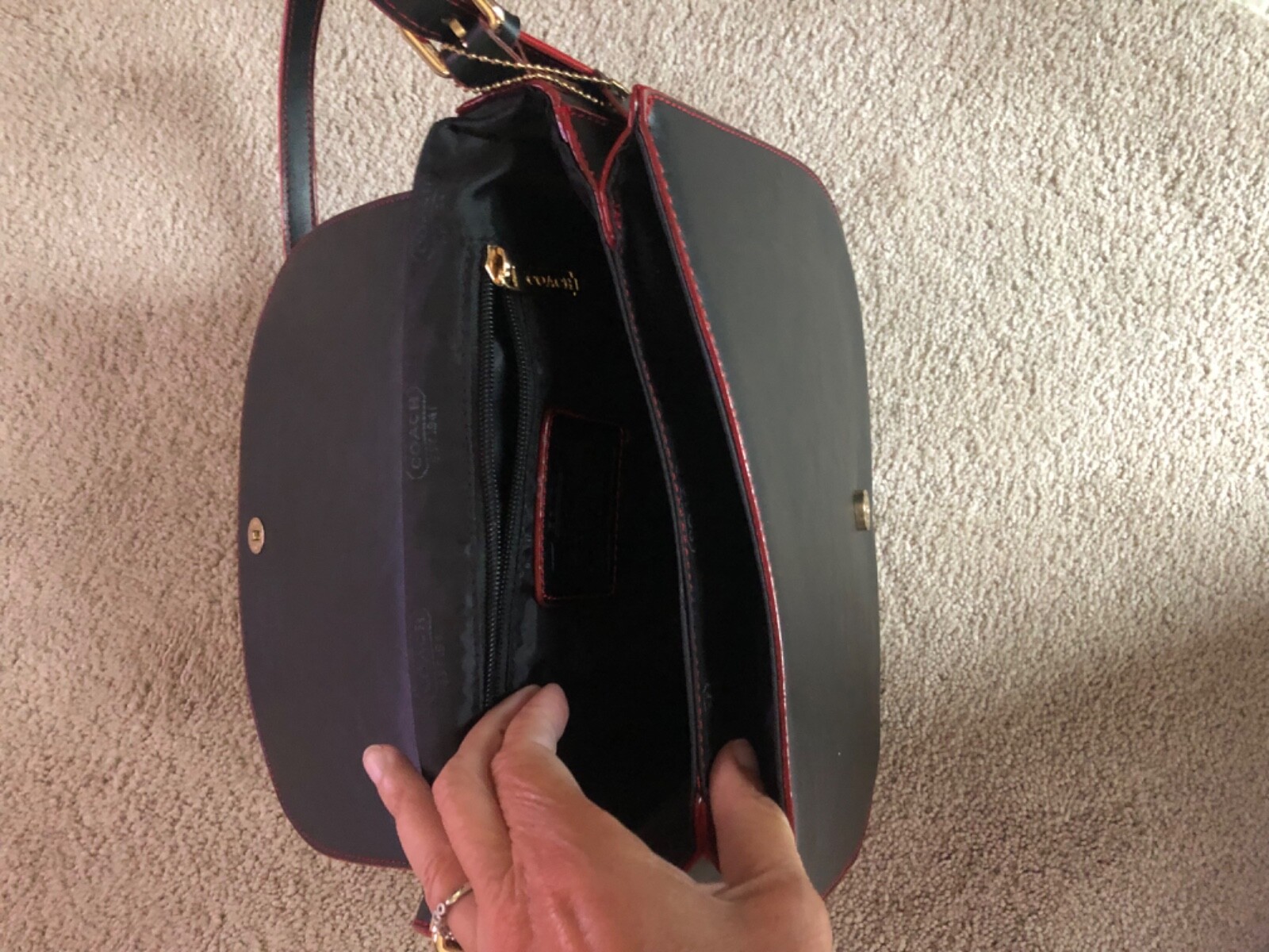 VINTAGE Coach Saddle Purse Black Leather Red Accent 11” x 10”  EUC RARE image 6