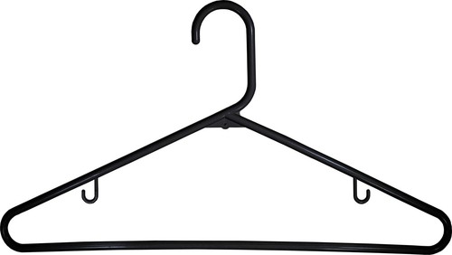 Black Plastic Tubular Clothes Hangers with Pant Bar and Hooks for Straps