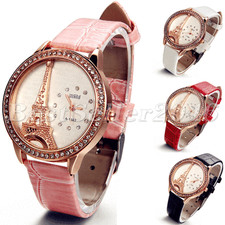 Paris Eiffel Tower Rhinestone Dial Quartz Analog Wrist Watch Leather Band Women