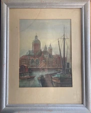 Aquarell Undeutl. Sign. Hafen Schiffe Boote & Dom Aber Wo?