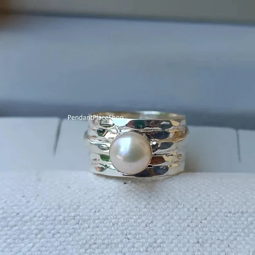 Pearl Ring , Gemstone Ring , White Pearl Jewelry , 925 Sterling Silver  All size