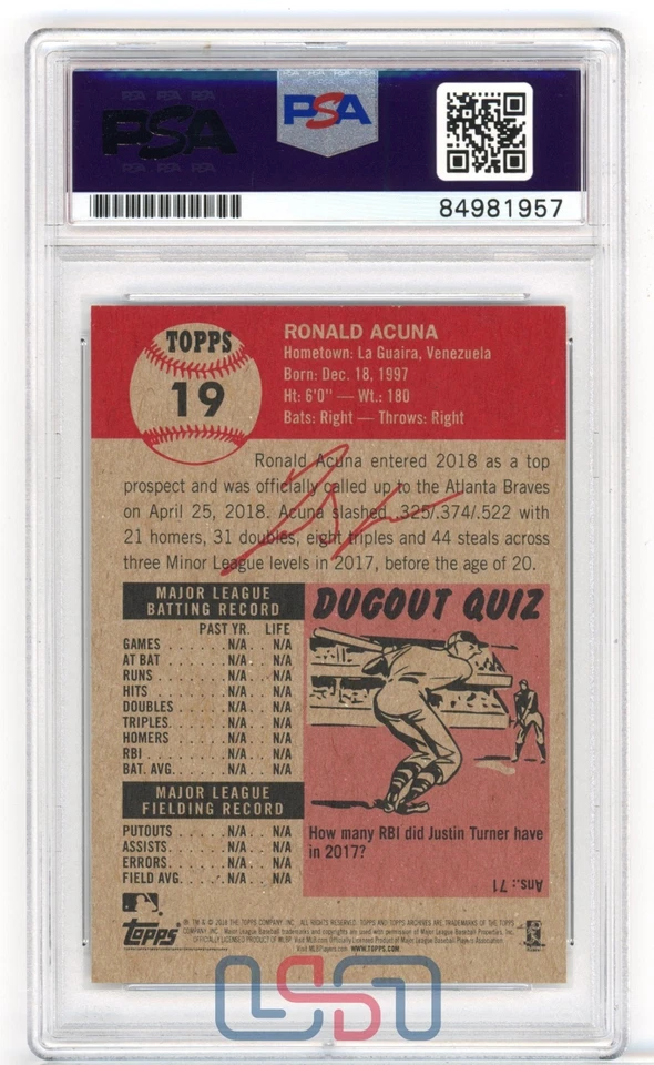 Ronald Acuna Jr. Braves Signed Autographed 2018 Topps Living Set #19 PSA/DNA - Image 2 of 2