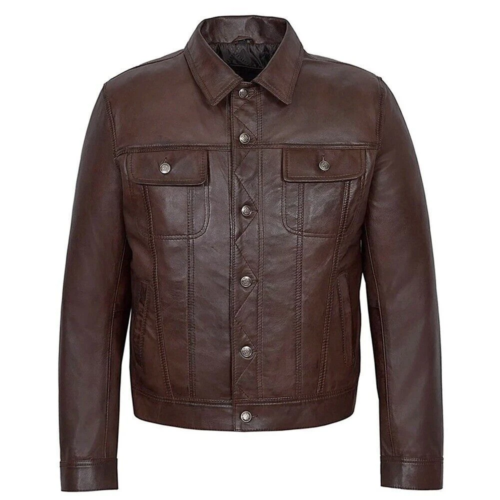 Men's Genuine Lambskin Leather Dark Brown Trucker Jacket Denim Style Jean Shirt