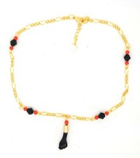 14KT ANKLET GP HAND LUCKY CHARM EVIL EYE AZABACHE BLACK 10" TOBILLERA