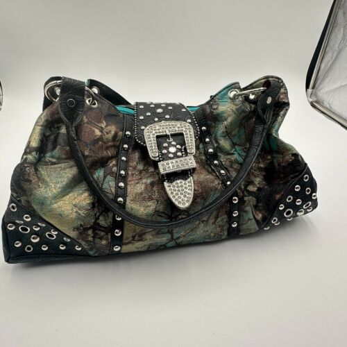 Bolso de mano vintage para mujer con hebilla de estrás camuflaje patrón floral