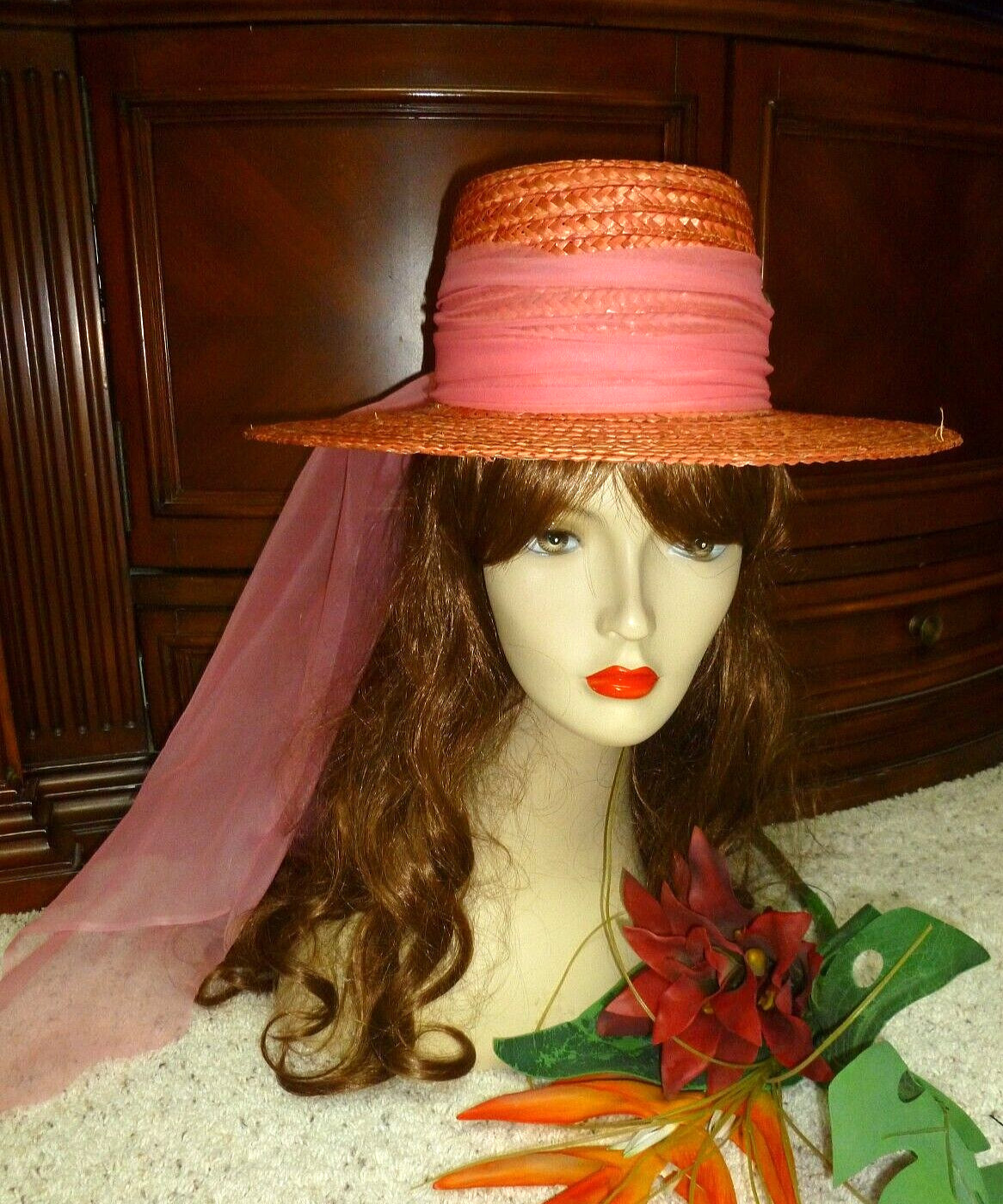 PRETTY Happy Cappers Straw Hat w Pink Scarf Vintage … Gem