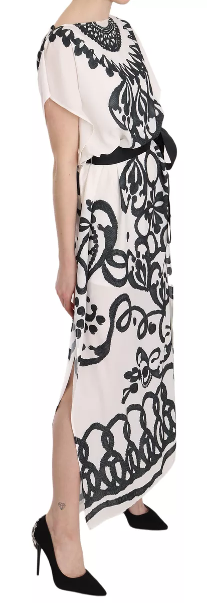 MATILDE CANO Dress White Black Boat Neckline Front Slit Maxi IT40 US6 S 830