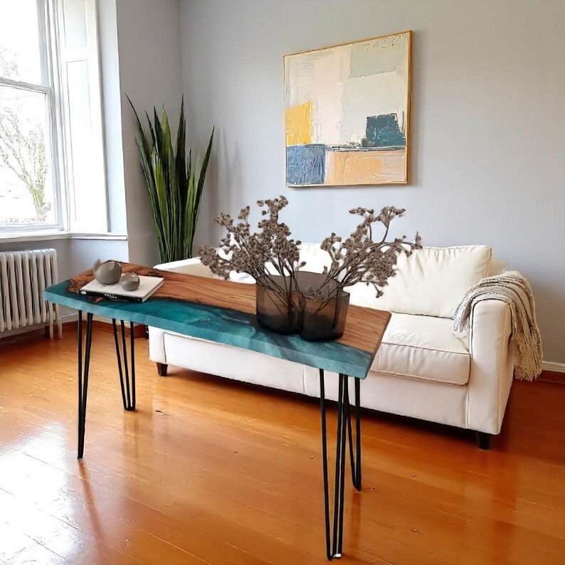 35 Inch Wood and Blue Epoxy Console Table Kitchen Island Slab Housewarming Gift-image