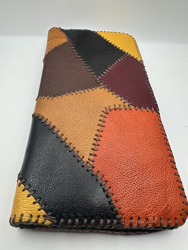 Vintage Wallet Patchwork Handmade Leather Brown Orange 70s MCM Hand Stitched - Picture 5 of 8