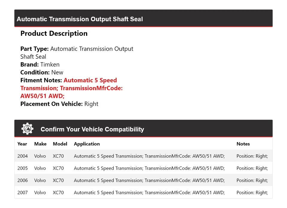 Уплотнение выходного вала автоматической коробки передач для Volvo XC70 2004-2007 годов выпуска правое Timken - Изображение 2 из 4