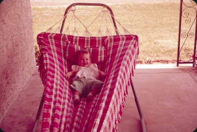 1962 Baby Laying in Flannel Hammock Smiling Outside Vintage 35mm Slide