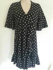 Boohoo Size 10 Black/Grey Polka Dot Frill/Ruffle Tea Dress Flute Sleeve Summer