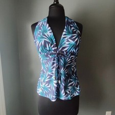  NWOT Coastal Blue Palm Leaf Halter Tankini - Large