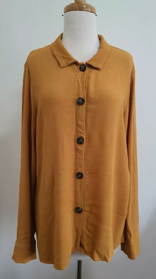 REFORMATION Pebble Crepe Long Sleeve Shirt in Mustard, Size L 