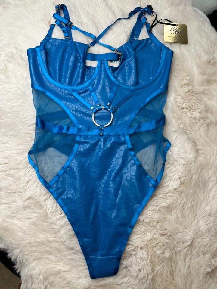 Body de imitación de cuero azul pavo real Honey Birdette MISTRESS T💙 32DD Foto 2 de 4