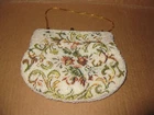 Vintage White Small  Beaded Petit Point Tapestry Evening Handbag