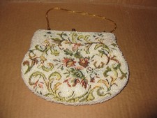 Vintage White Small Beaded Petit Point Tapestry Evening Handbag