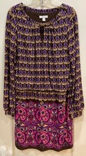London Times Tiered Look Dress Sz 16 Purple Pink Beige Keyhole Long Sleeve 80