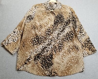 White Stag Top Women s 2X 18W 20W Black Brown Leopard Print ¾ Sleeves Button Up