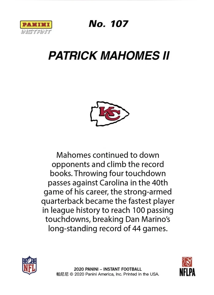 2020 PANINI INSTANT NFL #107 PATRICK MAHOMES - FASTEST TO 100 TD PASSES 11/8/20 - Image 2 of 2