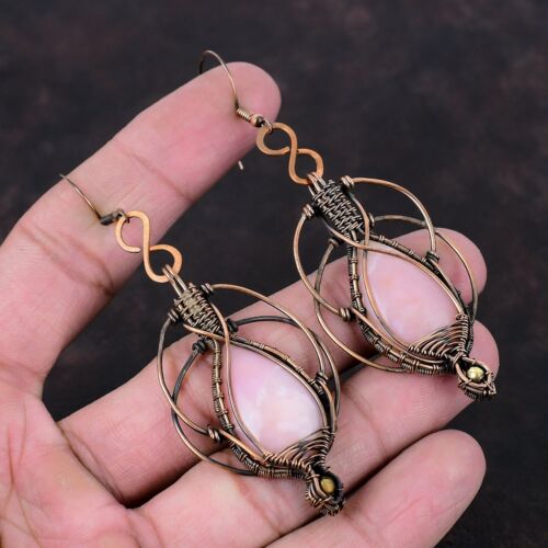 Boucles d'oreilles enveloppées goutte/angle bijoux opale rose cuivre mère fil cadeau 3,39" - Photo 1/6