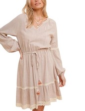 Hem & Thread Crochet Trimmed Peasant Dress Large Brown Creme Long Sleeve NWT