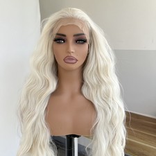 26" Lace Front Wigs Heat Resistant Synthetic Hair Water Wavy Platinum Blonde
