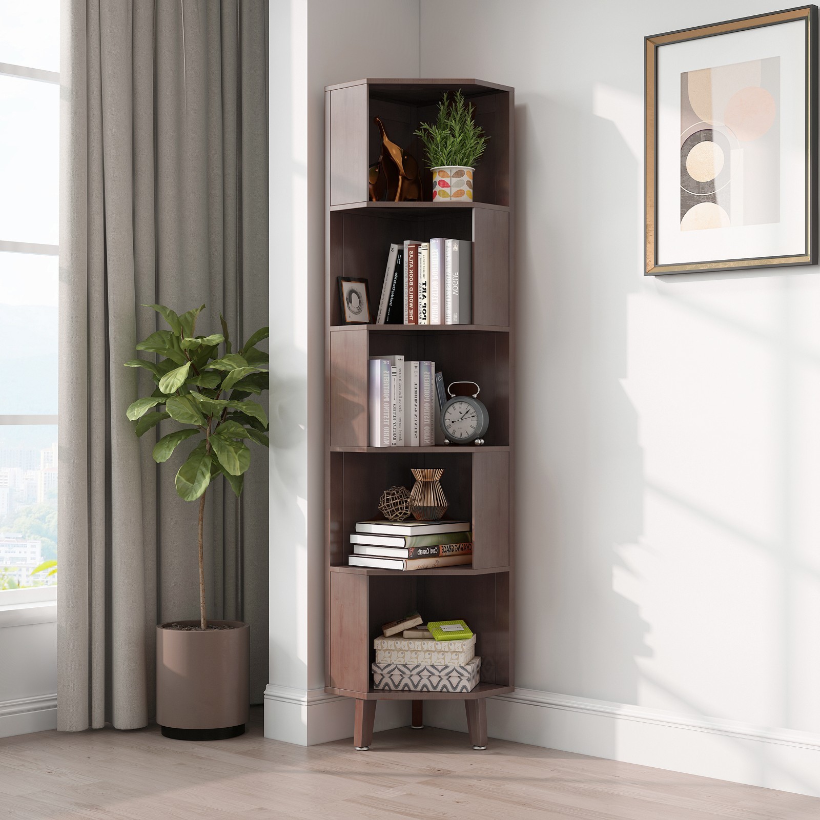 BALANBO 5-Tier Corner Bookshelf Storage Shelf Solid Bamboo Space Saving Sturdy