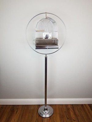 Antique 1920's Hendryx Art Deco Chrome Birdcage w/Matching Stand & Glass Feeders