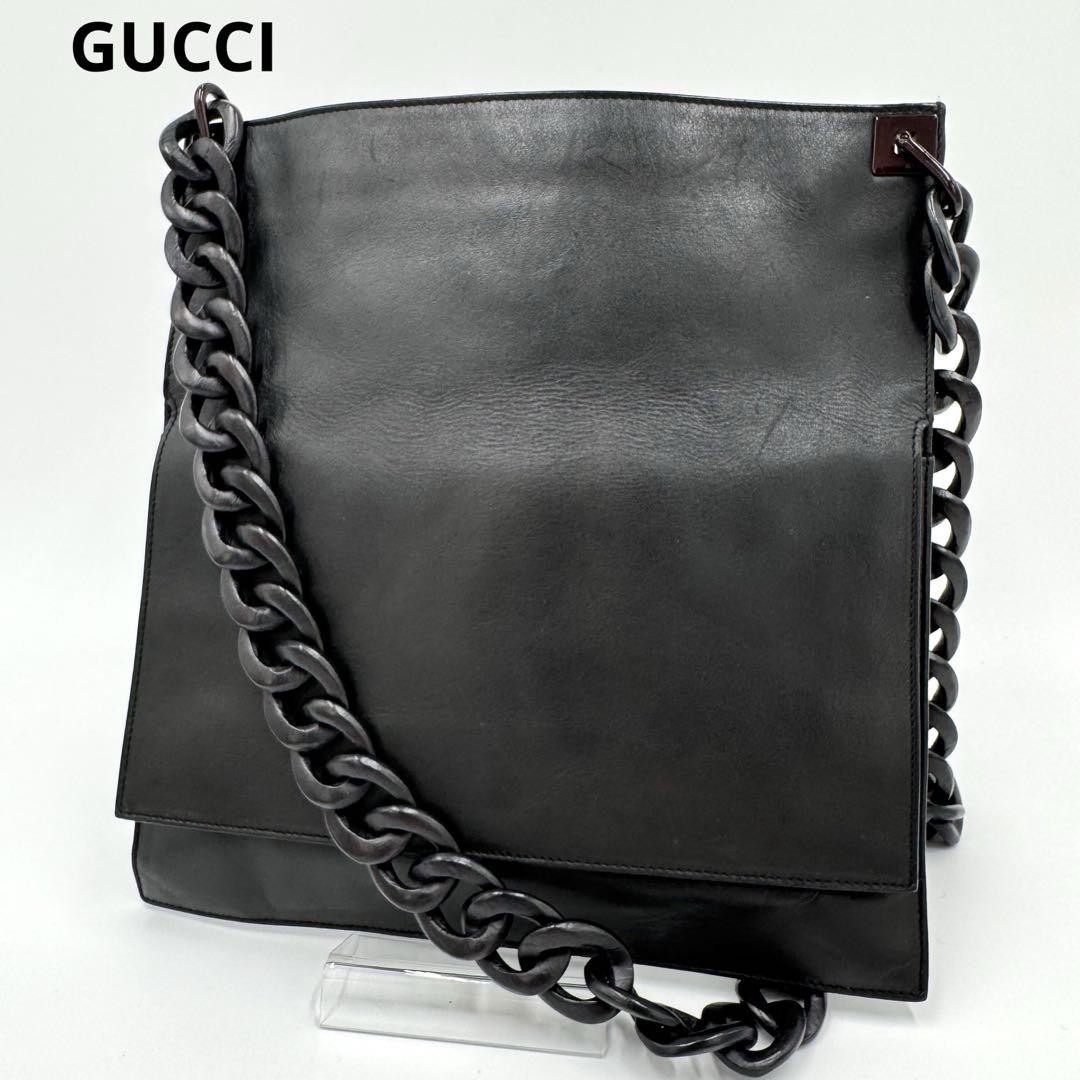 Gucci Vintage Black Leather Crossbody Bag with Wood Chain Strap